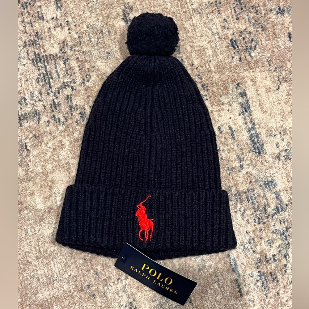 Polo by Ralph Lauren Navy Knit Beanie with Red Logo